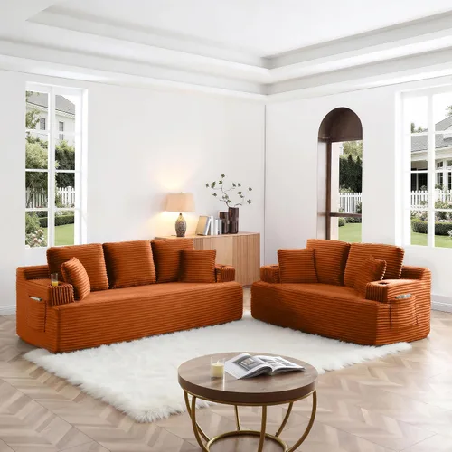Miniatura 44 de Sofá sin hueso de 66.5 pulgadas con portavasos y bolsillos laterales, sofá biplaza tapizado de tela de pana moderna con 2 almohadas para sala