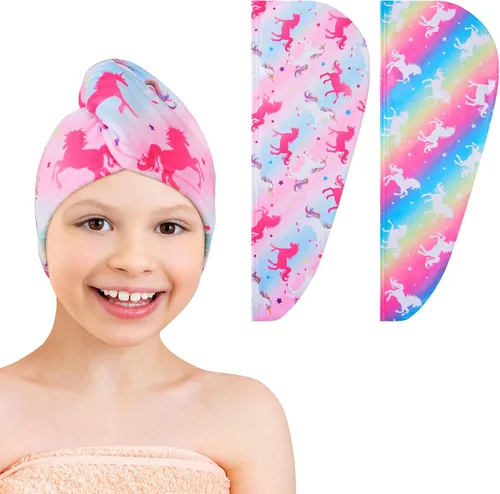 Miniatura 8 de WAWSAM Paquete de 2 toallas de secado de cabello para niños, toalla de microfibra para el cabello para niñas, gorro de pelo de secado rápido con Azul