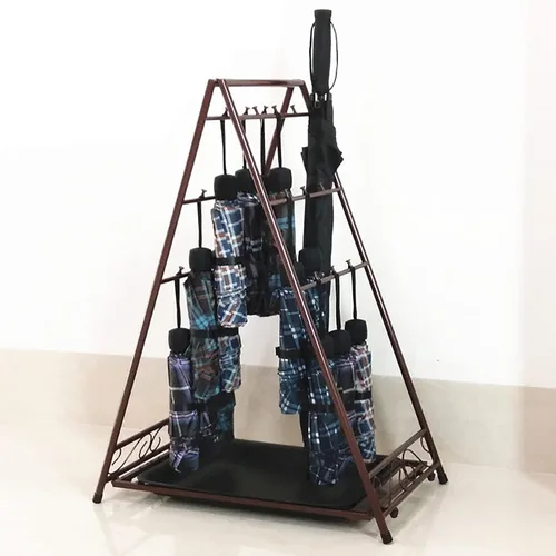Soporte plegable de metal de gran tamaño para paragüas, soporte para paragüas, oficina en casa, pasillo, almacenamiento con ganchos y bandeja Marrón