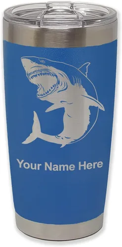 Miniatura 28 de LaserGram Vaso aislado al vacío de 20 onzas, gran tiburón blanco, grabado personalizado incluido (negro)