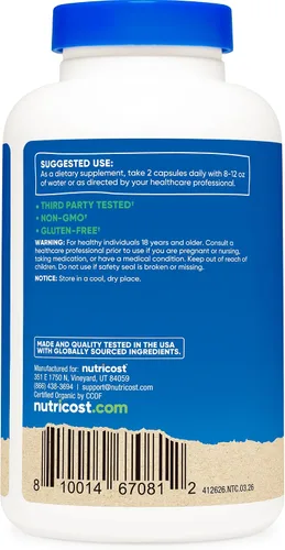 Miniatura 4 de Nutricost Cordyceps - Cápsulas de hongos de 1100 mg, 90 serv – Certificado CCOF fabricado con orgánico, sin gluten, 550 mg por cápsula (180 cápsulas)