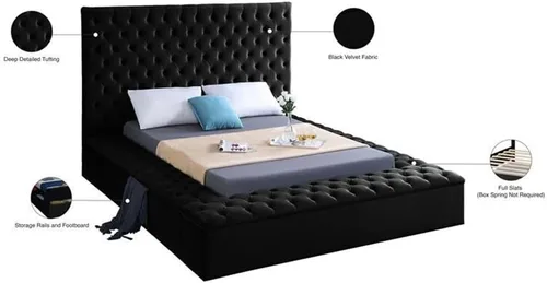Miniatura 6 de Colección moderna Meridian Furniture Bliss, cama tapizada de terciopelo contemporánea con acolchado de botón profundo y compartimentos de Negro