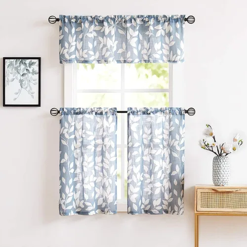 Miniatura 6 de Treatmentex Cortinas azules de cocina de 24 pulgadas con estampado de hojas blancas cortas para ventanas pequeñas, 2 paneles