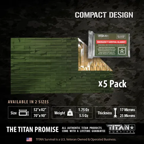 Miniatura 3 de TITAN Survival Mantas de supervivencia de Mylar prémium (paquete de 5) manta térmica de supervivencia de emergencia para campamento, caza