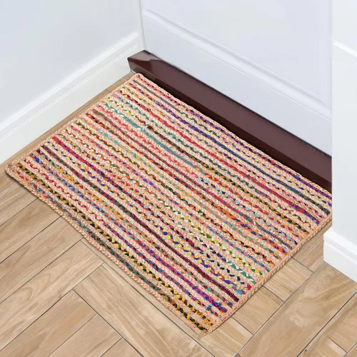 Miniatura 2 de Hausattire Alfombra Trenzada Bohemia de 2'x3' - Multicolor, Alfombras Pequeñas de Yute y Algodón Estilo Granja para Entrada, Sala