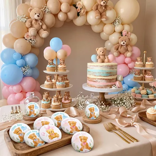 Miniatura 4 de Spakon 48 pines divertidos de revelación de género de oso para baby shower, decoración de revelación de género, pines de botón de equipo azul y rosa