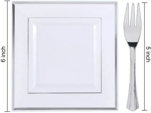 Miniatura 6 de WDF Platos de postre de plástico plateado con tenedores de plástico, 100 platos cuadrados desechables para aperitivos, platos pequeños con borde