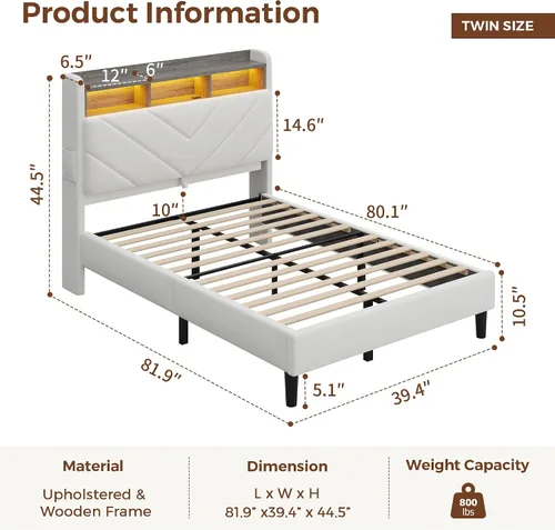 Miniatura 2 de Jocoevol Marco de cama de terciopelo tamaño twin con cabecera ergonómica, plataforma tapizada con luz LED y estación de carga, soporte de listones