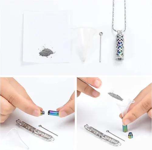 Miniatura 11 de Imrsanl Collar con colgante de urna de cremación con vial de cilindro hueco, urna de recuerdo, joyería de cremación, medallones conmemorativos