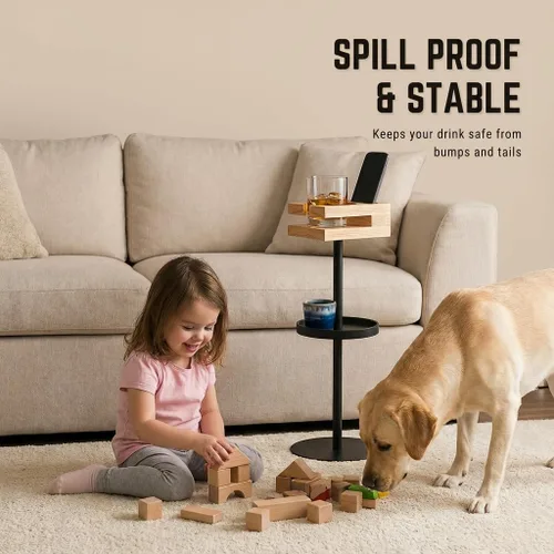 Miniatura 4 de Mesa de bebidas para espacios pequeños – Mesa auxiliar delgada de pedestal con parte superior de madera real y base estable para café y cócteles