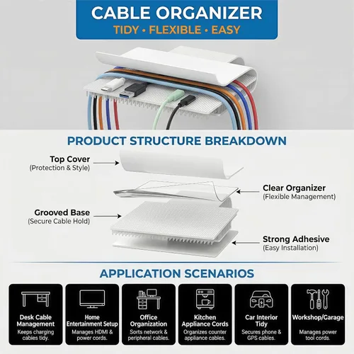 Miniatura 4 de Sujetacables de gancho y bucle, organización de cables debajo del escritorio, nuevo tipo ajustable de gancho estable, artículos esenciales