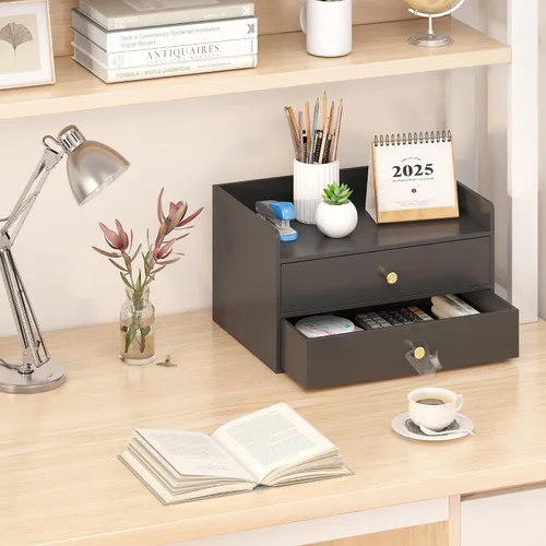 Miniatura 5 de Organizador de escritorio de bambú con cajones, cajones de almacenamiento de escritorio de madera para facturas, suministros de oficina, utensilios