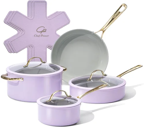 Miniatura 12 de Chef Power Juego de utensilios de cocina de cerámica, 10 ollas y sartenes antiadherentes, juego de utensilios de cocina con mango de acero