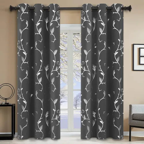 Miniatura 60 de BUHUA Juego de 2 paneles de cortinas opacas con estampado de vid plateada, cortinas con aislamiento térmico para oscurecer la habitación