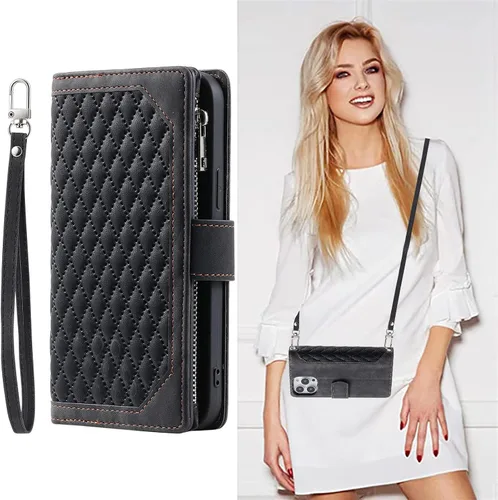 Funda tipo cartera cruzada para Apple iPhone 7 Plus/8 Plus, de piel, con tarjetero y correa para la muñeca, cierre magnético, para mujer (negro)