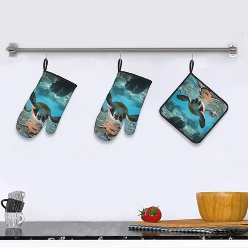 Miniatura 4 de Juego de manoplas de horno y soportes para ollas con estampado de tortugas marinas, resistentes al calor, antideslizantes, guantes de cocina, 3