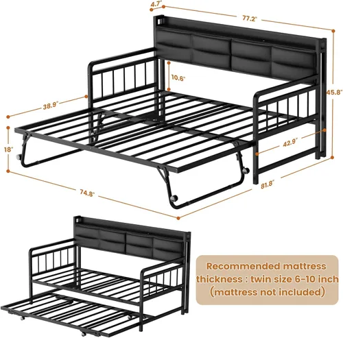 Miniatura 2 de Homieasy Sofá cama con nido, cama individual con cabecera tapizada y estación de carga, marco de sofá cama individual de metal, cama nido Negro