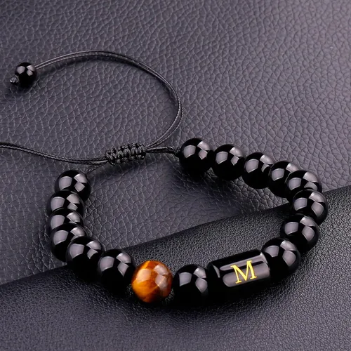 Miniatura 66 de SUMMER LOVE Regalos para el Día del Padre, pulsera con inicial de piedra de ónix negro de 0.394 pulgadas para hombres, pulsera de cuerda trenzada