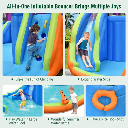 Miniatura 4 de BOUNTECH Parque acuático inflable de 15 x 14.5 pies, Mega tobogán acuático para niños al aire libre con toboganes dobles y escalada para diversión