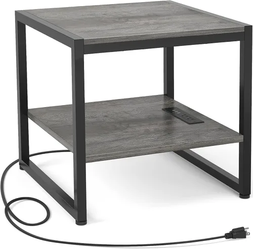 Miniatura 10 de Homieasy - Mesa auxiliar con estación de carga, soporte para mini refrigerador de 20 pulgadas con estante abierto de 2 niveles, mesita de noche