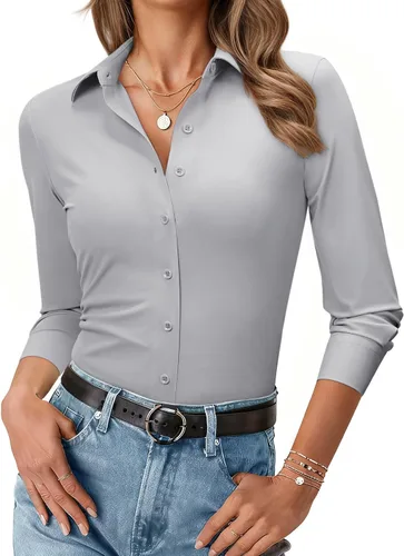 Miniatura 8 de Camisa con botones para mujer, ajustada, elástica, sin arrugas, para mujer, de manga larga, con cuello, blusa de trabajo para uso casual