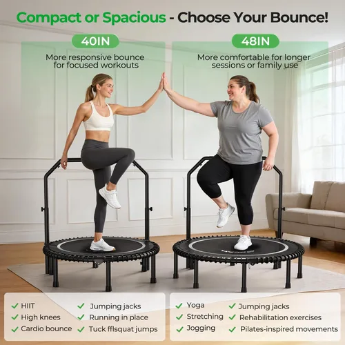 Miniatura 8 de BCAN BT2 - Mini trampolín de rebote de 450/550 libras para adultos con barra, trampolín de fitness con cuerdas elásticas, mango ajustable, estable