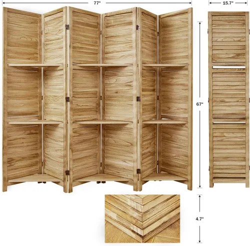 Miniatura 7 de Divisores de habitación, pantalla plegable de privacidad de madera de 67 x 51 pulgadas con tres estantes de exhibición, adecuado para oficina
