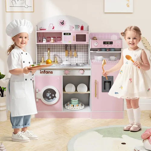 Miniatura 2 de INFANS Juego de cocina para niños, juego de cocina de madera para niños pequeños, juego de juguetes de cocina con cafetera, máquina de hielo, Rosa