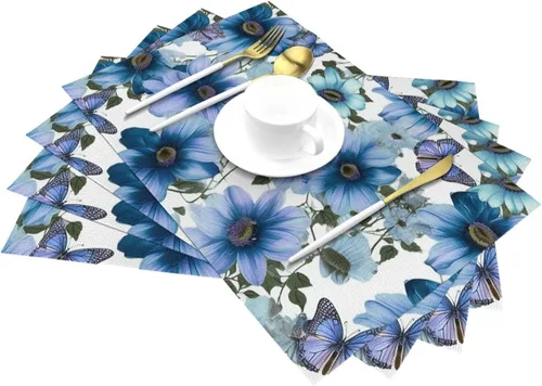 Miniatura 6 de 6 PCS PVC Placemats Set Place Mats Blooming Blue Daisy Non-Slip Weave Place Mats 12" x 18" Farmhouse Table Mat Set for Family Dinners Wedding Parties