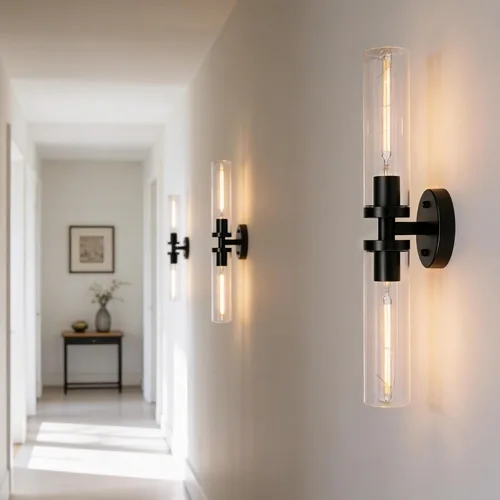 Miniatura 7 de Juego de 2 apliques de pared, lámparas de baño cableadas, iluminación de pared moderna para tocador de baño con pantalla de vidrio transparente