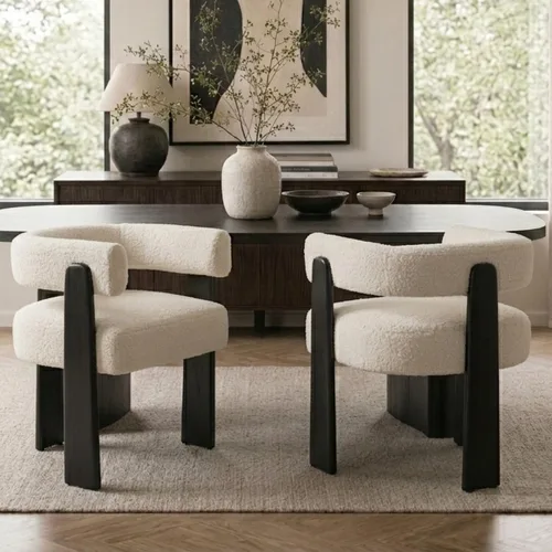 Miniatura 27 de Hyfirm Juego de 2 sillas de comedor de barril beige y dorado, modernas sillas tapizadas de terciopelo con respaldo curvado para isla de cocina