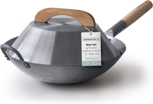 Wok de fondo redondo con tapa, juego de wok martillado a mano, wok y wok de acero al carbono de 14"