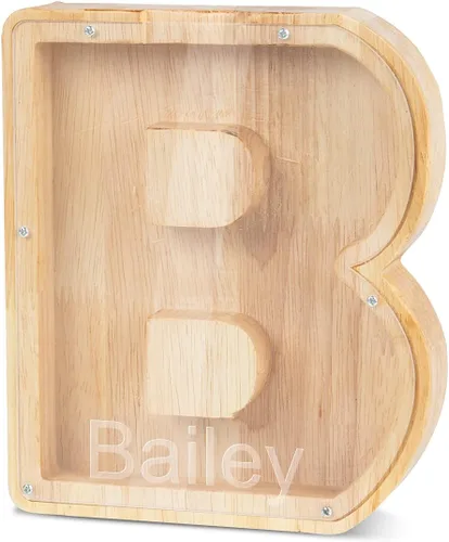 Miniatura 33 de Alcancía con nombre personalizado, 26 letras láser con texto personalizado, banco de monedas de madera, significado educativo, alcancía con nombre