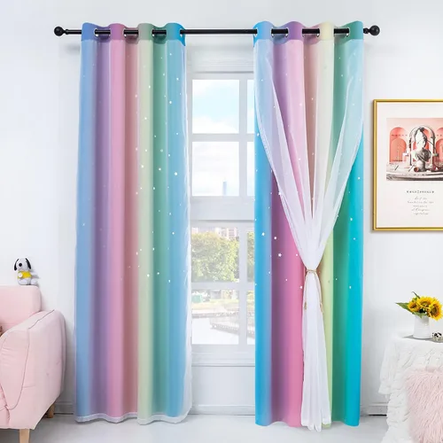 Miniatura 9 de Stiio Cortinas con Recortes de Estrella para Dormitorio de Niñas, 2 Paneles, Cortinas Opacas 2 en 1 que Bloquean la Luz con Cortinas de Ventana Azul