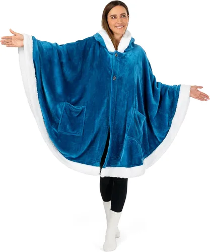 Miniatura 6 de PAVILIA Hooded Blanket Poncho for Women, Sherpa Shawl Wrap with Hood, Cozy Warm Wearable Throw with Pockets, Gift for Mom Azul marino