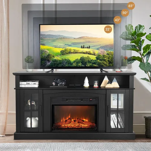 Miniatura 8 de GOFLAME Soporte de TV de 58 pulgadas con inserto de chimenea eléctrica, centro de entretenimiento con chimenea con armarios laterales y estantes