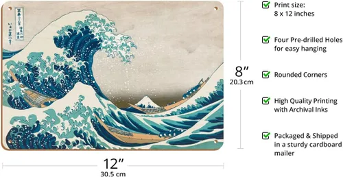 Miniatura 2 de Katsushika Hokusai c.1830s - The Great Wave off Kanagawa - Mount Fuji - Cartel de madera vintage de 8 x 12 pulgadas