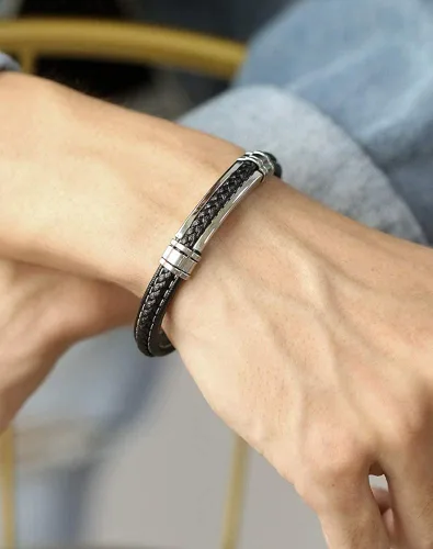 Miniatura 3 de FILOBOKO Pulsera de cuero negro para hombres adolescentes y niños, pulsera de hebilla ajustable de acero inoxidable plateado para hombres, Metal,