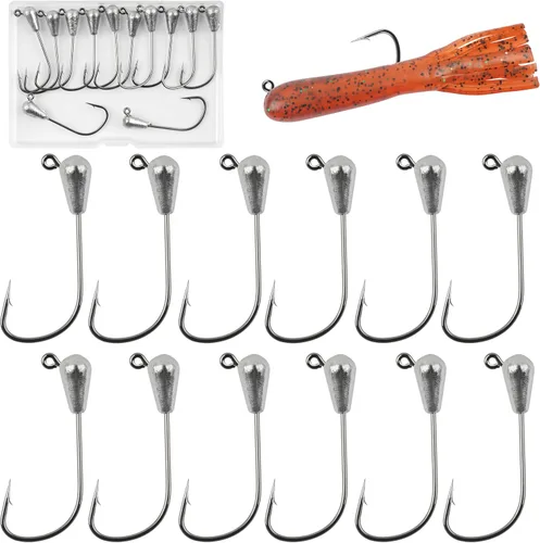 Miniatura 11 de Ganchos de cabeza de plantilla de pesca, 12/24 piezas de ganchos de cabeza de tubo para pesca de lubina, sin pintar, tubo de gota de agua, anzuelo