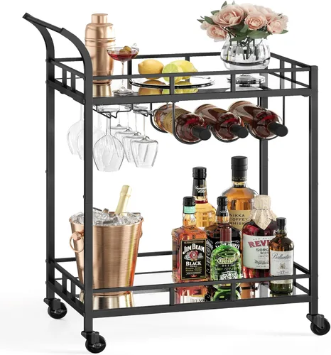Miniatura 12 de VASAGLE Carrito de bar negro, carrito de servicio para bar en casa, carrito de vino con 2 estantes espejados, soportes para vino, soportes