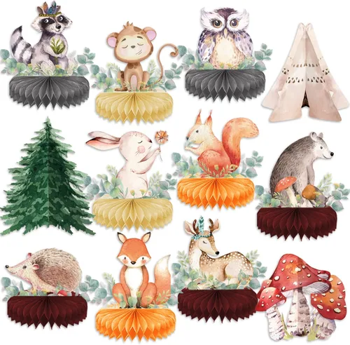 Decoraciones de animales del bosque, decoración floral para baby shower, bosque, bosque de nido de abeja, centros de mesa 3D de criatura del bosque,