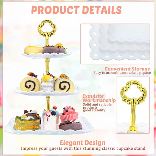 Miniatura 3 de 6 juegos de 3 niveles de soporte para cupcakes de fiesta de té, platos de postre de plástico blanco para cupcakes, bandejas cuadradas para tartas