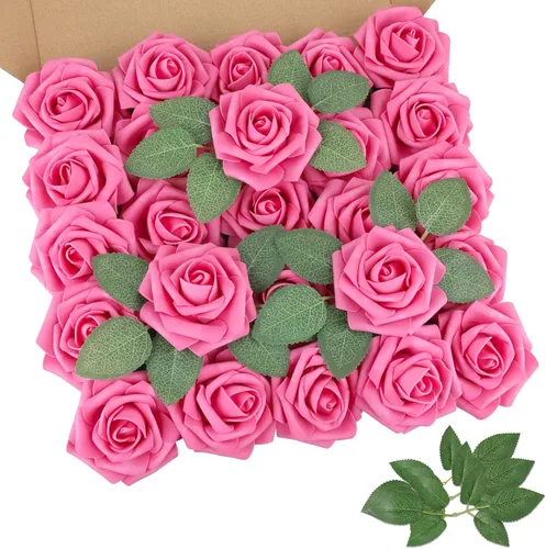 Miniatura 16 de AmyHomie 25 rosas artificiales beige de aspecto real con tallo para ramos de boda, centros de mesa, arreglos de fiesta, baby shower, día de San