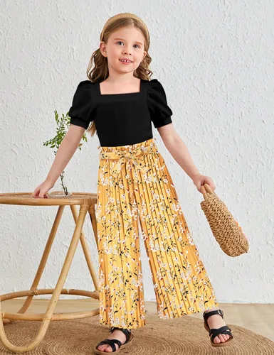 Miniatura 8 de DONWEN Conjunto de 3 piezas de ropa para niñas pequeñas y niñas con cuello cuadrado + pantalones elegantes + diadema para primavera y verano