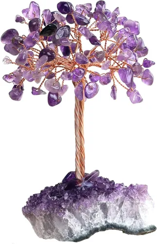 Miniatura 18 de Nupuyai Árboles de dinero de cristal natural con base de racimo de amatista, figura decorativa de piedra de cristal para decoración de escritorio