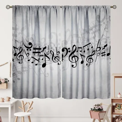Miniatura 52 de Cortinas de notas musicales, rústicas, mágicas, notas musicales, arte retro, piano y violín, cortina con bolsillo para barra para dormitorio, sala