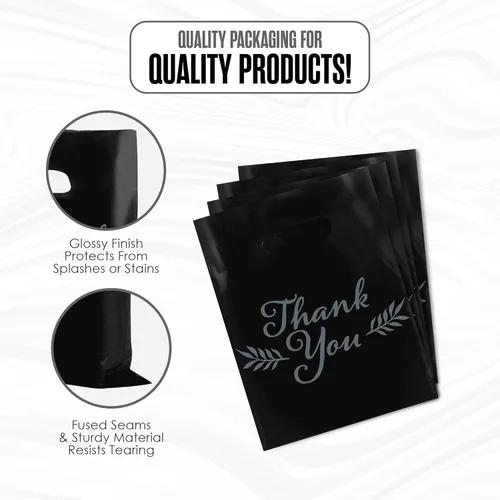 Miniatura 3 de Houseables Bolsas de mercancía Thank You, bolsa de compras al por menor, 16 x 18 pulgadas, 100 unidades, 1.75 mil de grosor, negro, blanco, asas