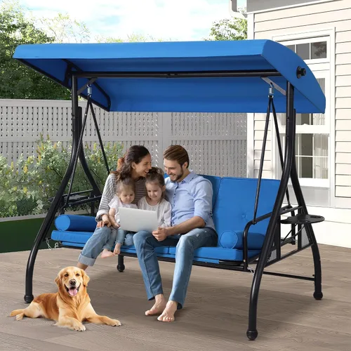 Columpios de porche con toldo ajustable, cama de columpio para exteriores de 3 asientos, color azul | Heavy Duty Porch Glider Bench with Stand,