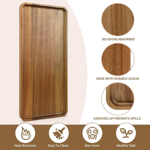 Miniatura 3 de 1 pieza 15.7" x 7" Bandeja grande de madera maciza de acacia sólida rectangular Bandeja de servir de madera natural para bar, café, fiesta