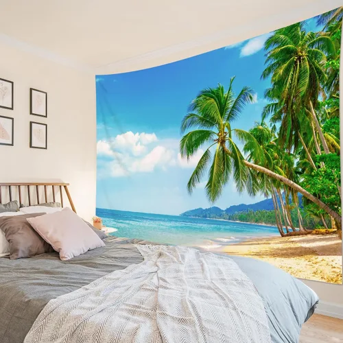 Miniatura 14 de HVEST Tapiz de playa para colgar en la pared, paisaje tropical azul océano, tapiz natural para dormitorio, palmera verde con cielo azul, nube